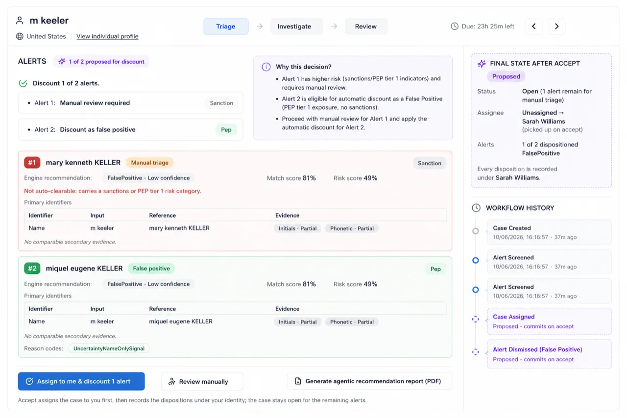 ARC Comply agentic case management: proposed dispositions, a plain-English rationale for each decision and a committed audit trail for analyst review
