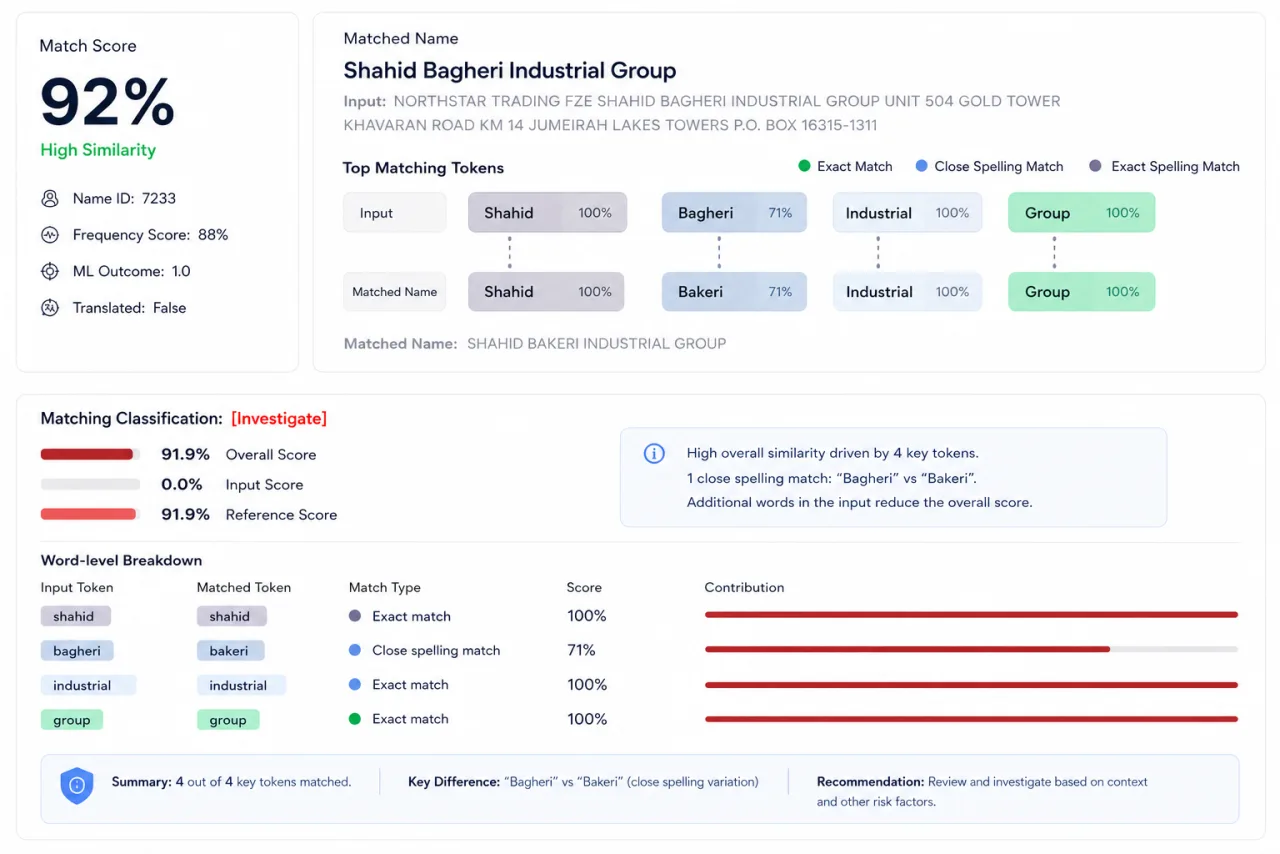 ARC Comply case workbench: per-alert match and risk scores, word-level match evidence and a full workflow audit trail